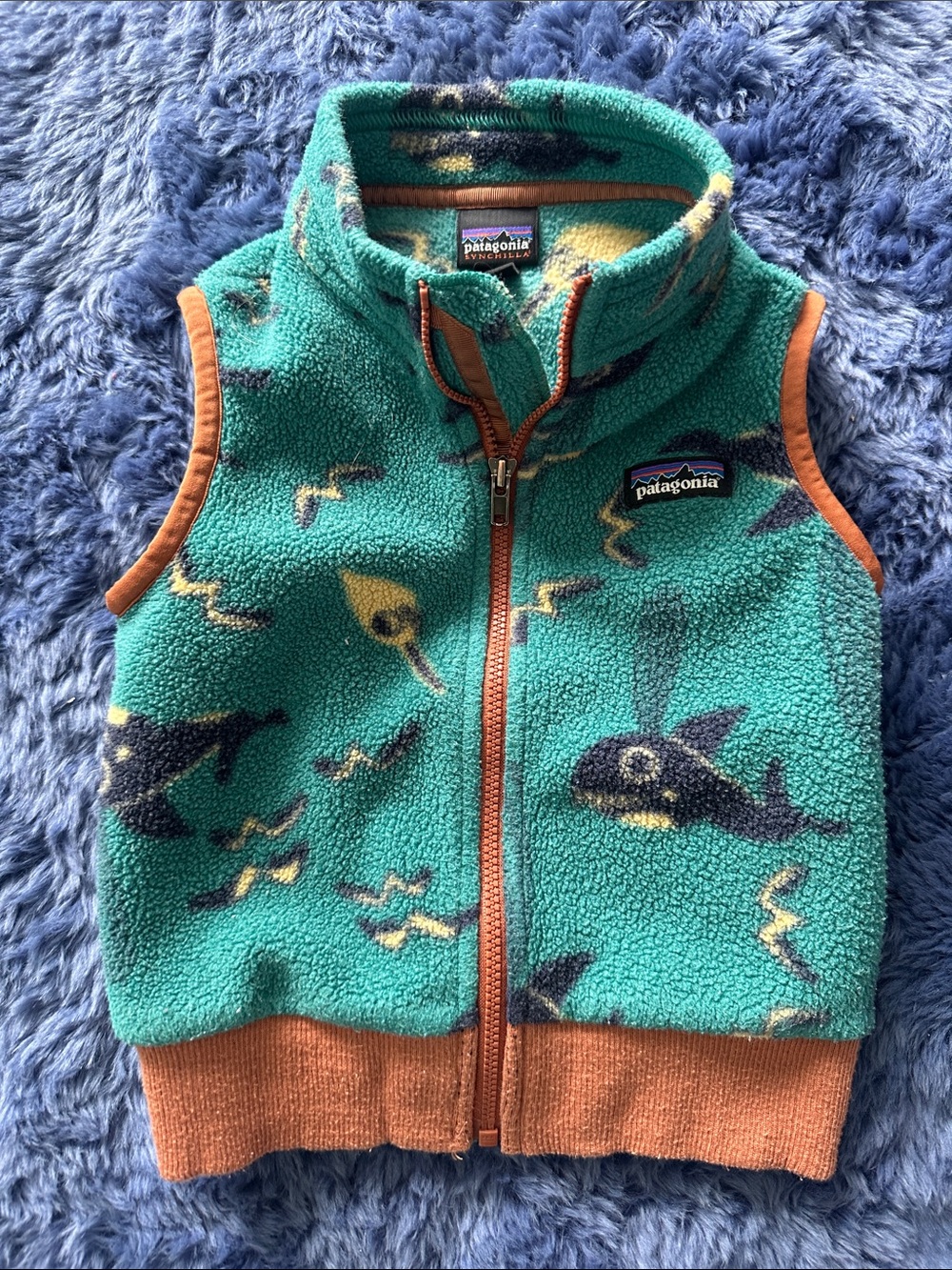 Patagonia Teal Whale Print Fleece Vest with Rust Trim